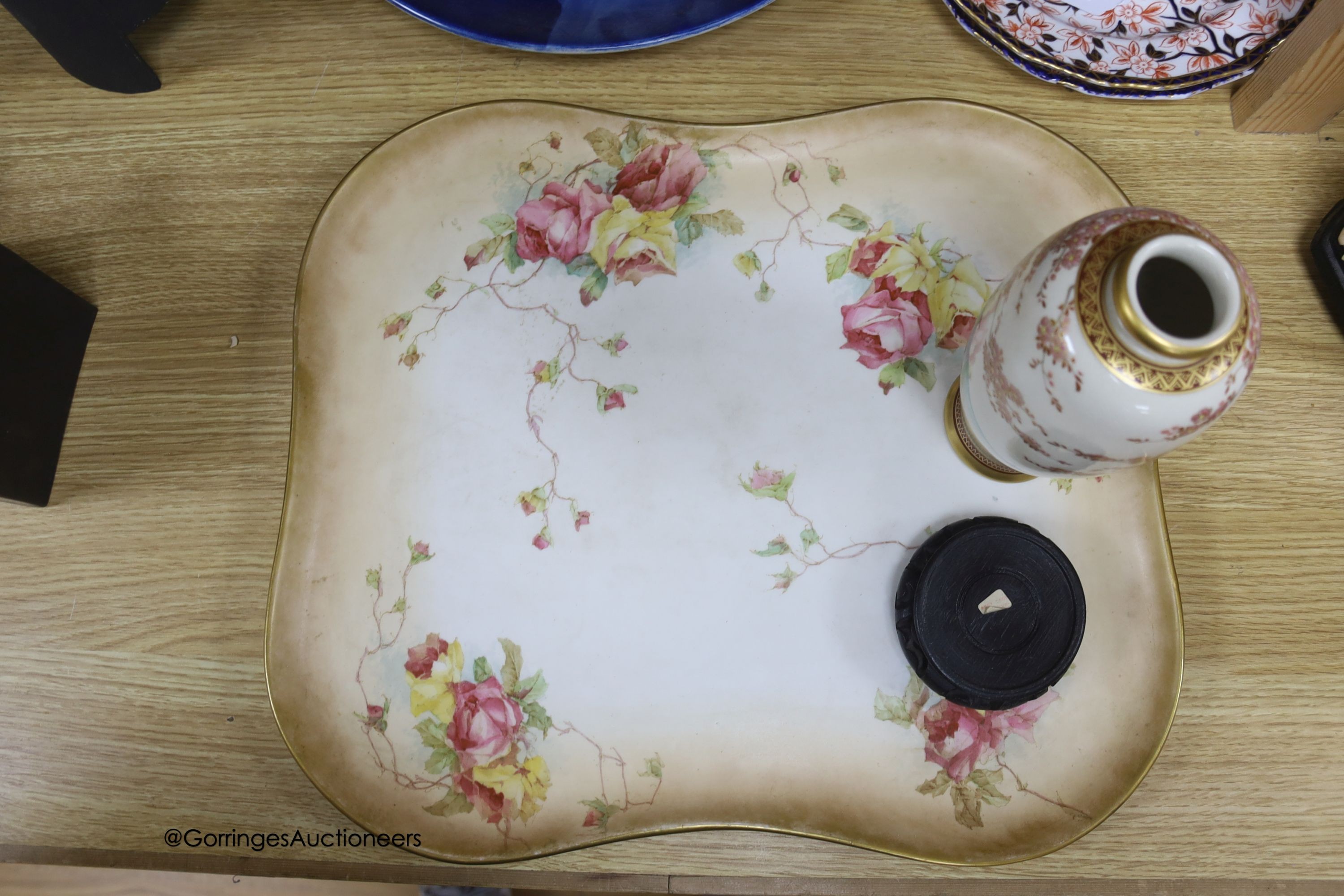 A Doulton tray, a Royal Worcester blush shell dish, 22cm, a Dutch charger and Satsuma vase and two Derby plates